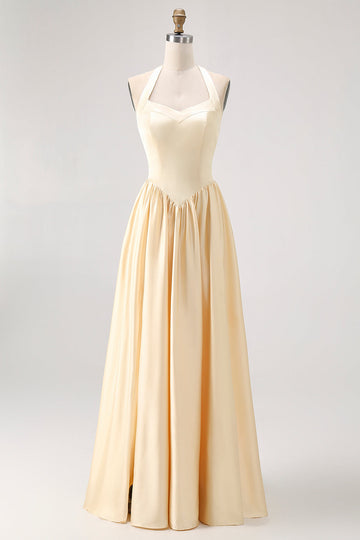 Daffodil Halter A Line Satin Long Bridesmaid Dress with Slit